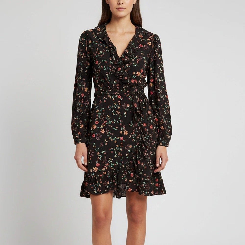 Maje Rosalio Black Floral Print Crepe Wrap Around Dress‎ Sz Small